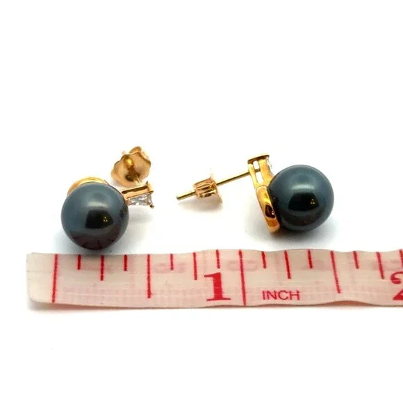 Vtg Jacks Handicrafts (Jacks of Fiji) 18K Ylw Gold Black Pearl Diamond Earrings